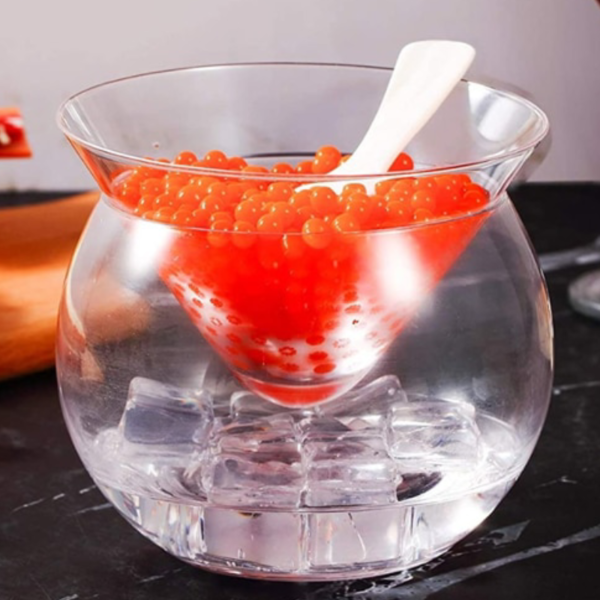 Glass Caviar Chiller Server Set With 2 Pieces Of 8cm Caviar Spoons
