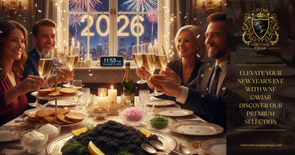 âLuxury WNF Caviar served for New Yearâs Eve celebration with blinis, crème fraĂŽche, and champagneâ