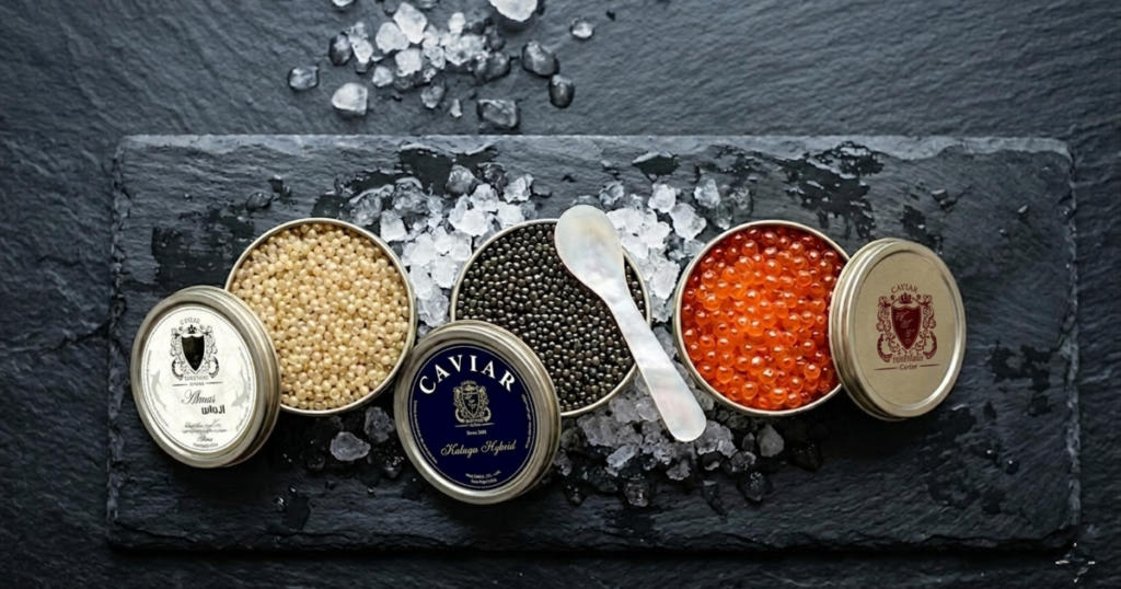 Fish roe vs. caviar—salmon roe, Beluga, and Almas caviar tins on crushed ice in Dubai