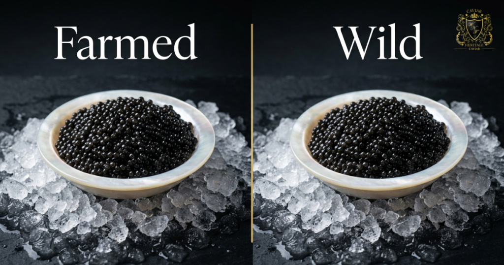 farmed vs wild caviar comparison in mother of pearl bowls on crushed ice dubai